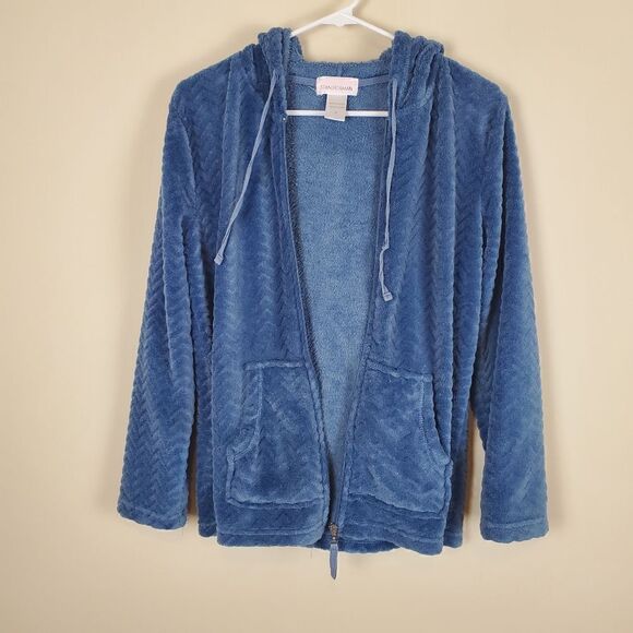Stan Herman Blue Chevron Soft Plush Zip Up Hooded Jacket Size medium - Picture 5 of 6